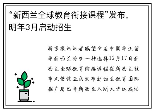 “新西兰全球教育衔接课程”发布，明年3月启动招生